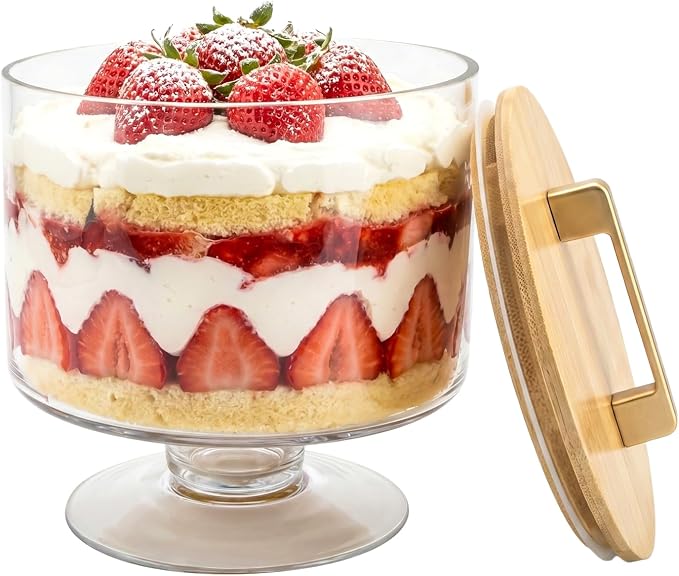 Trifle Bowl with Pedestal and Lid, 70oz - Crystal Clear Glass, Wood Lid with Convenient Handle and Sealing Ring, for Laying Layered Dessert, Ice Cream and Cake, Ideal for Party Displays