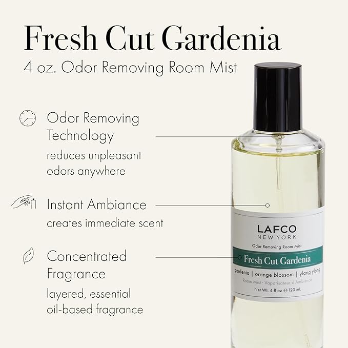 LAFCO New York Odor Removing Room Mist, Fresh Cut Gardenia - 4 oz - Eliminates Unpleasant Scents & Provides Luxurious Fragrance - Up to 750 Pump Sprays Per Bottle - Made in the USA