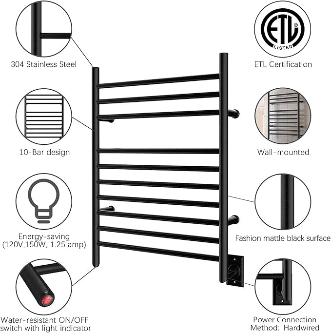 HEATGENE Towel Warmer Wall-Mounted Hardwired Heated Towel Rack Matte Black