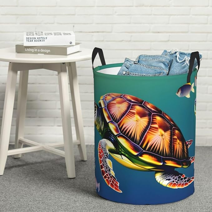 Sea Turtle With Fishes Large Foldable Laundry Basket Hamper,Storage Basket Bin With Handles,For Bathroom,College