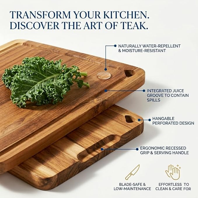 24”×18” Teak Wood Cutting Board for Kitchen, Knife-Friendly Chopping Boards with Juice Grooves & Storage Stand, Heavy Duty Wooden Boards for Meat, Fruit & Cheese, Ideal Housewarming Gift