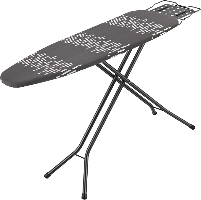 Jakeefud Deluxe Ironing Board with Heat Resistant Cover and Thicken Felt Pad, Safety Iron Rest, 4 Premium Steel Legs, Height Adjustable,Foldable