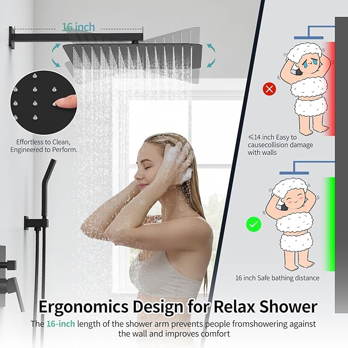 SR SUN RISE Matte Black Square Rainfall Shower Head and Handle Set, Wall Mounted Shower Fixtures, Metal Shower Faucet Trim Repair Kits (With Shower Valve) 16 Inches