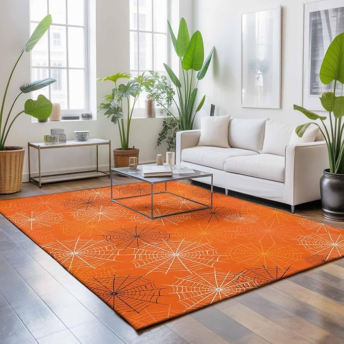 Large Area Rug 4'x6', Orange Halloween Washable Rectangular Area Rugs for Living Room Bedroom Office, Black White Net Halloween Non Slip Kitchen Rug Mats Indoor Floor Accent Throw Carpet