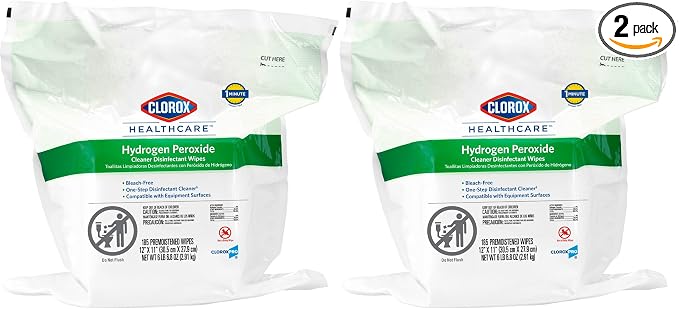 Clorox Healthcare Hydrogen Peroxide Cleaner Disinfectant Wipes, 12" x 11", Refill for Bucket, 185 Count, Pack of 2 (Package May Vary)