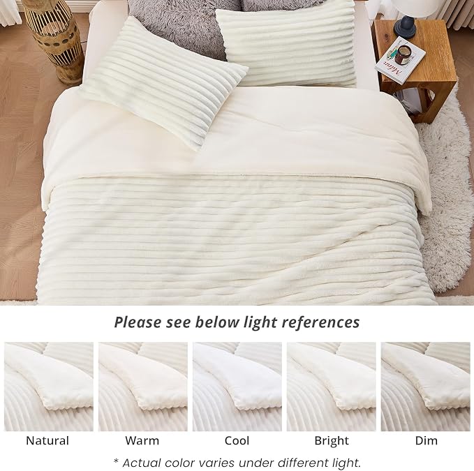 Sasttie Full Comforter Set 3 Pieces - Super Soft Fleece Comforters Full Size, 1 Luxury Warm Fuzzy Marshmallow Comforter with 2 Pillow Cases, Faux Fur Down Alternative Bedding Set, Cream White