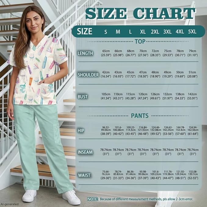 Gomyblomy Women's Scrubs Suit 3-Piece Set | Teeth Print V-Neck Top & Pants & Cap, Breathable and Stretch Fabric, S-5XL