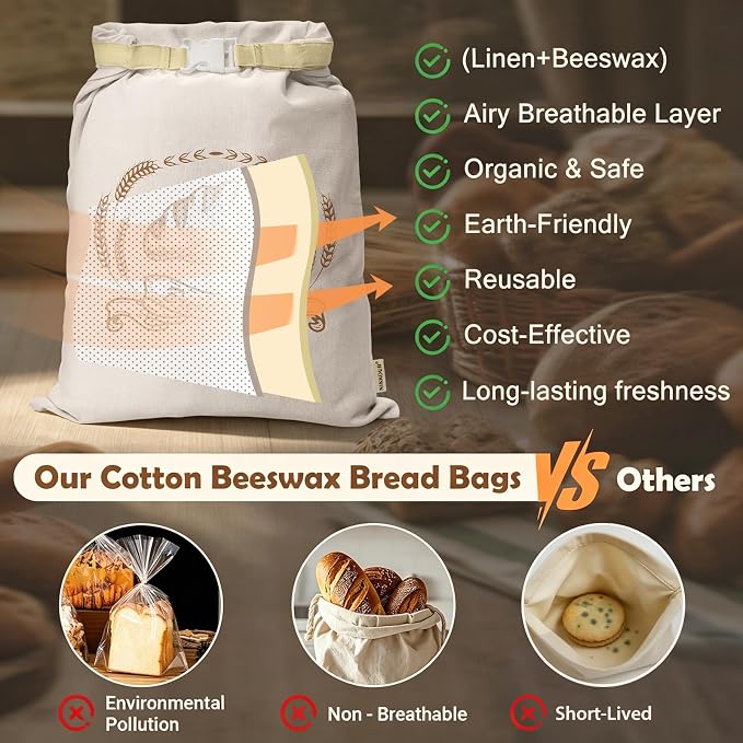 Large Linen Beeswax Bread Bags(1 Pack) Sourdough Bread Bags Reusable Double-Lock Freezer Baking Container Gift Giving for Homemade,Loaf,Sourdough,Food Storage(Artisan Bread Sketch Print, 1Pack)