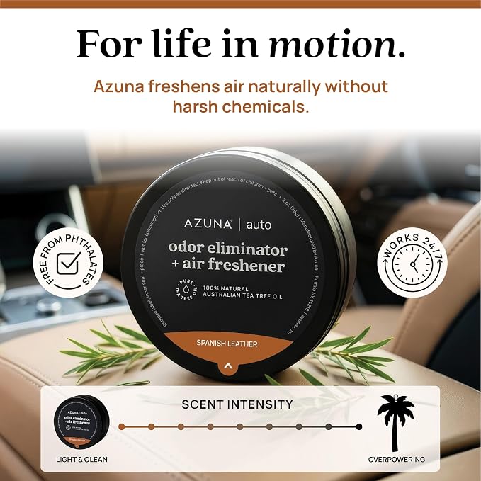 Azuna Car Air Freshener & Auto Odor Eliminator Pods Trio | Spanish Leather | Plant Powered by 100% Australian Tea Tree Oil | Long Lasting and No harsh chemicals | Made in USA | 3 Pack of 2oz Pods