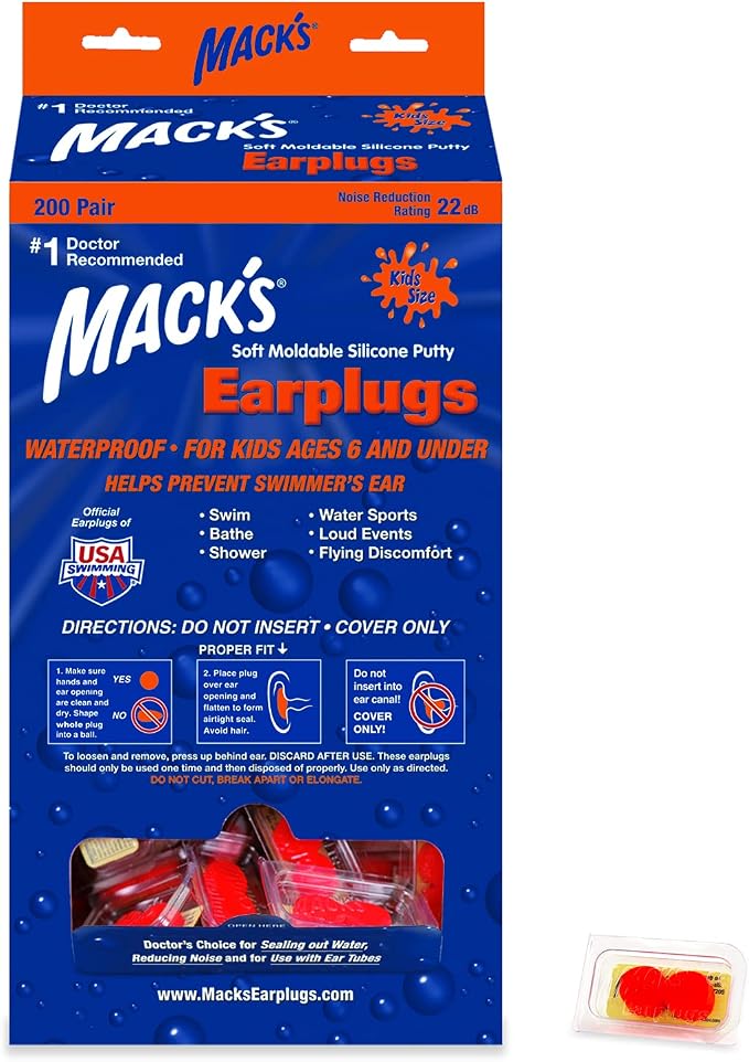 Mack’s® Soft Moldable Silicone Putty Earplugs - Kids Size, 200 Pair Dispenser – Comfortable Small Ear Plugs for Swimming, Bathing, Travel, Loud Events and Flying | Made in USA