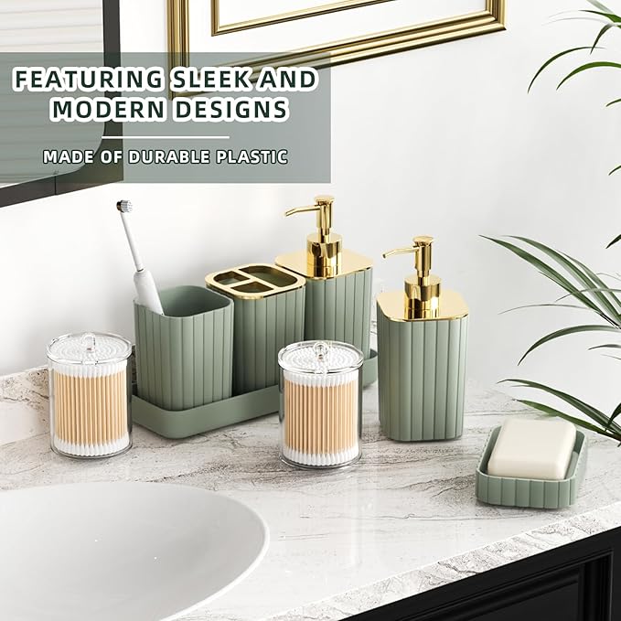XLHOMO Bathroom Accessories Set - 25PC Sage Green Bathroom Set, Bathroom Set with Shower Curtain and Rugs, Sage Green Shower Curtain Set, Bathroom Accessory Set, Trash Can & Soap Dispenser