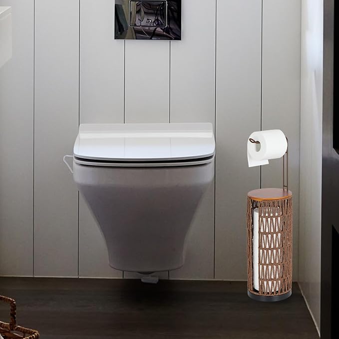 Trongee Freestanding Toilet Paper Holder with Storage,3 Rolls of Rattan Tissue Holder for Bathroom,Woven Toilet Paper Roll Holder Stand,Boho Bathroom Decor Farmhouse Toilet Paper Storage-Deep Brown
