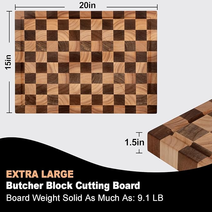 Acacia Wood Cutting Board, 20x15x1.5 Inch, Butcher Block for Kitchen, Premium Acacia Cutting Board with Juice Groove, End Grain Construction from Sustainable Acacia Wood