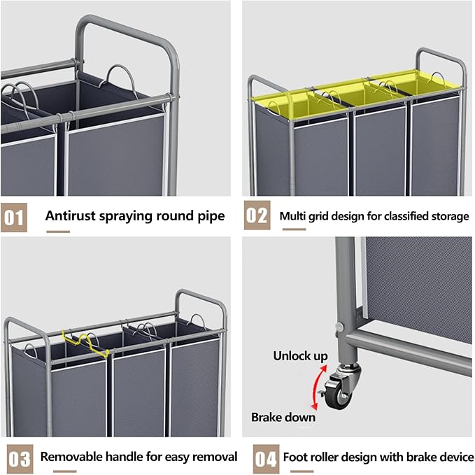 LINZINAR 3 Section Laundry Hamper, Grey Laundry Basket, 135L Laundry Sorter | Laundry Room Organization with Heavy Duty Rolling Lockable Wheels and Removable Bag, Bedroom Laundry Cart for Clothes Storage