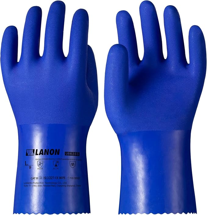 LANON PVC Chemical Resistant Gloves, Heavy-Duty Rubber Gloves, Acid, Alkali and Oil Protection, Non-Slip, Blue, Large