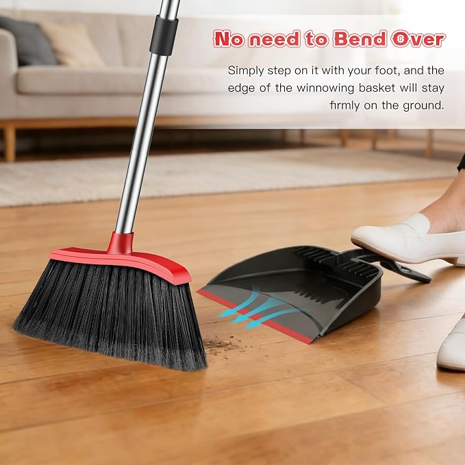 Broom and Step-on Dustpan Set, 59-in Adjustable Long Handle Broom with Dustpan Combo Set Outdoor Angle Broom for Sweeping Indoor Dust Pet Hair for Cleaning Kitchen Garage Deck Patio, Black&Red