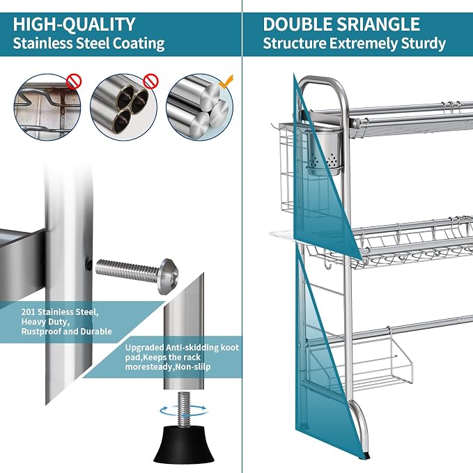 HOWDIA Stainless Steel 2-Tier Over The Sink Dish Drying Rack with Utensil Holder, Large, for Kitchen Counter | Stainless Steel, Cutlery Holder & Chopping Board Rack, for Kitchen Counter