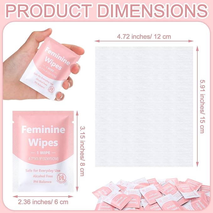 300 Pieces Bulk Feminine Wipes Individually Wrapped Travel Size Women Unscented Intimate Period Cleansing Wipes Deodorant Feminine Products Care Kits Private Parts Ph Balanced(Pink)