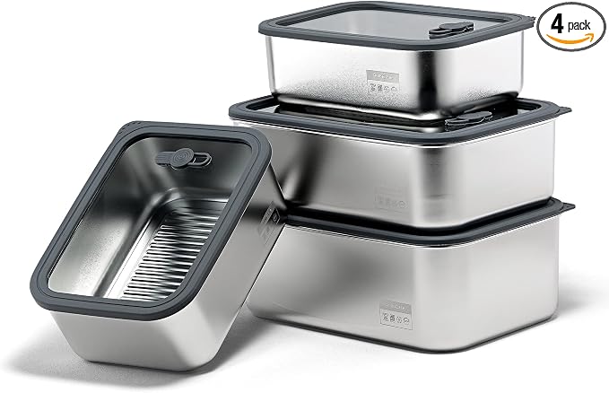 Stainless Steel Food Containers with Glass Lids, 4-Piece Airtight Food Storage Set, Rectangular, Stackable, Microwave and Dishwasher Safe, 44, 54, 78 and 88 oz, Silver Gray