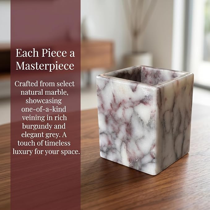 Natural Calacatta Viola Marble Pen Holder, Luxury Square Organizer Cup, Multi-Use Hand-Polished Storage for Desk, Bathroom Vanity, Kitchen Utensils & Makeup Brushes, 2.95” x 3.74”