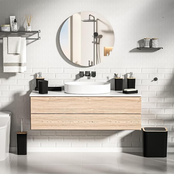 XLHOMO Bathroom Accessories Set - Elegant Black Bathroom Set, 10PC Bathroom Accessory Set, Toilet Brush, Trash Can, Qtip Holder Dispenser & Soap Dispenser