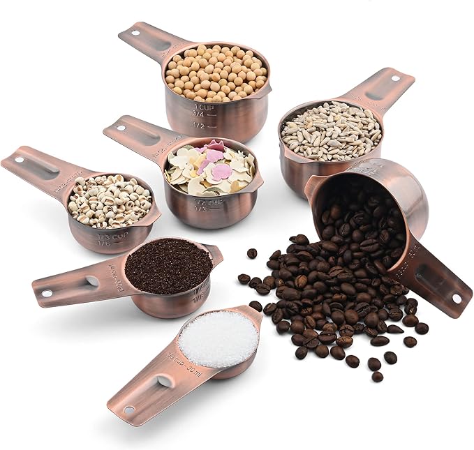 Measuring Cups and Spoons Set, Copper Measuring Cups and Spoons Set for Dry & Liquid, Metric&US 7 Stainless Steel MeasureR Cup&9 Spoon Leveler & Measure Enquivalents for Kitchen & Baking