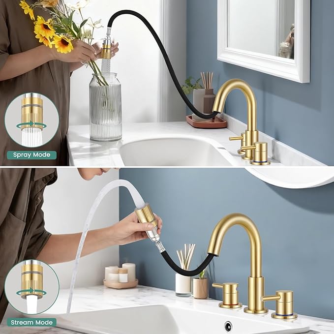 Brushed Gold Bathroom Faucet 3 Hole with Pull Out Sprayer, 8 inch Widespread Bathroom Faucets with Pop Up Drain, Bathroom Sink Faucet with 360° Swivel Spout, 2 Handle Vanity Faucet