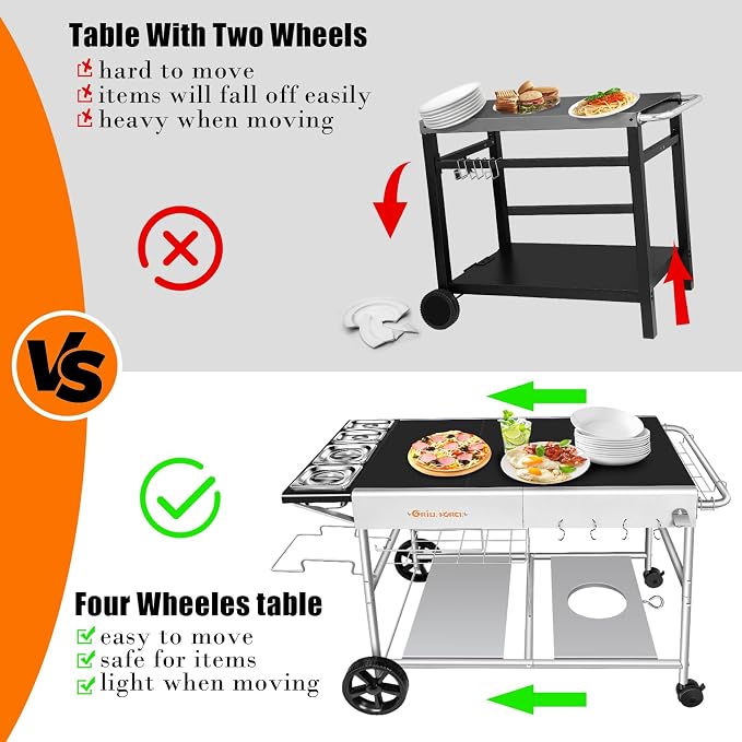50"x 25" Pizza Oven Table,Outdoor Pizza Cart with Topping Station Grill Table Stand with Wheels for Ninja, Blackstone Griddle, Ooni, Gozney, Cuisinart.