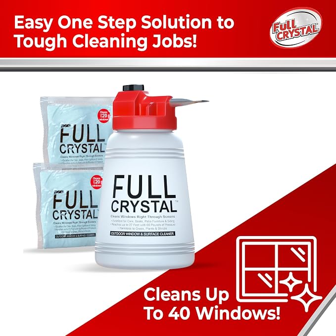 Full Crystal Window Cleaning Kit – 8 oz Glass Cleaner and Bottle with 27 ft Reach, Each 4 oz Bag Makes Up to 640 fl oz, Cleans Up to 40 Windows, Scrub-Free, Rinse-Free