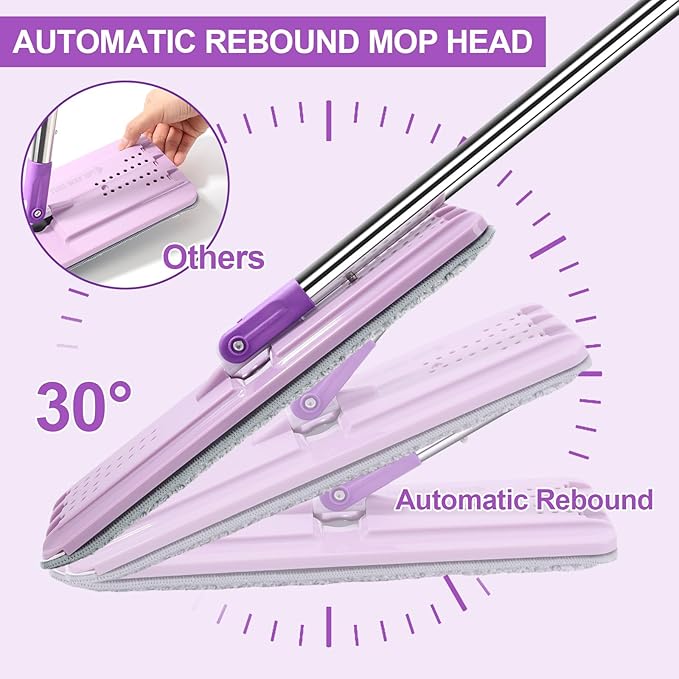BOSHENG Mop and Bucket with Wringer Set, Hands Free Flat Floor Mop and Bucket, 5 Washable Microfiber Pads Included, Wet and Dry Use, Home Floor Cleaning System for All Floor Types and Windows,Purple