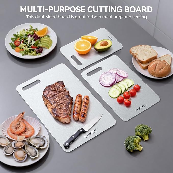 100% Pure Titanium Cutting Board for Kitchen Double-Sided Non-Toxic Titanium Cutting Board with Handle, Dishwasher Safe Chopping Board for Meat, Vegetables & Fruits, Cutting Board Set in S/M/L Sizes