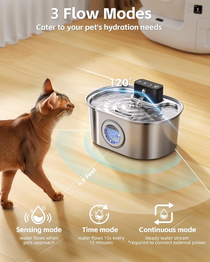 Cordless 3.2L/108oz Stainless Steel Cat Water Fountain Pet Fountain | Rechargeable Pet Water Dispenser - Motion Sensor Activation - Multi-Layer Filtration - Ultra-Quiet Pump