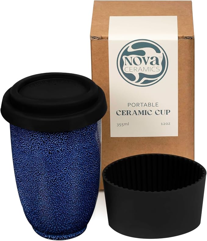 NOVA CERAMICS Travel Mug - Ceramic Travel Mug With Lid – Travel Coffee Mug Unique To Go Coffee Cup – Microwave & Dishwasher Safe Coffee Tumbler - Gifts For Women Men Him Her – 12oz - Abyss