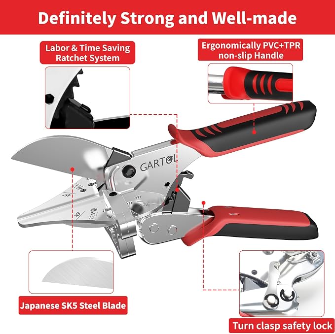 GARTOL Ratchet Miter Shears 22.5°–135° Adjustable; Precision Angle Cutter with Spare SK5 Blade for Quarter Round, Shoe Molding, PVC, MDF & Soft Wood; Labor-Saving Trim Tool with Safety Lock