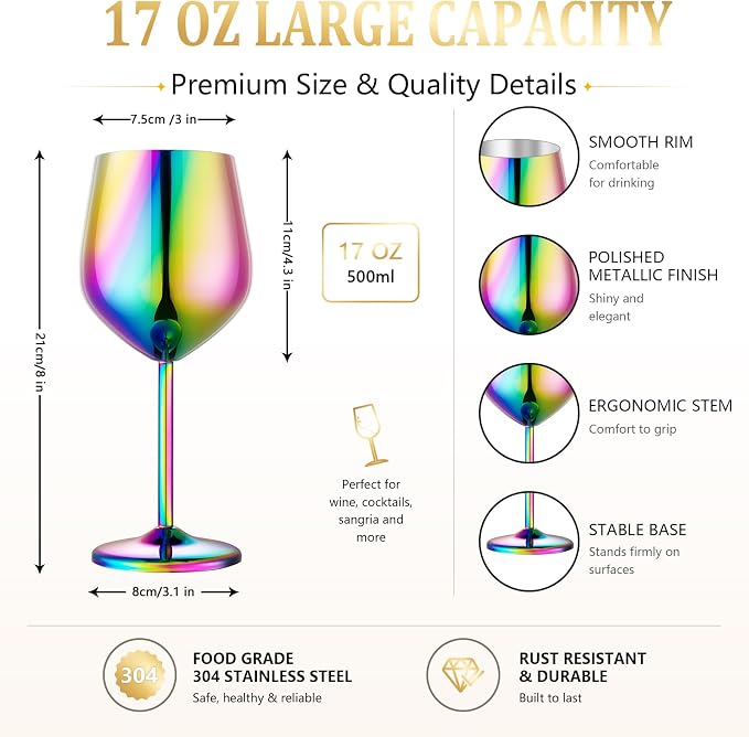 UNISWEET Unbreakable Stainless Steel Wine Glasses Set of 4, Colorful | 17oz Unique Fancy Metal Wine Goblets, Shatterproof, Ideal for Outdoor, Camping, Travel, Pool, Great Gift for Wine Lovers