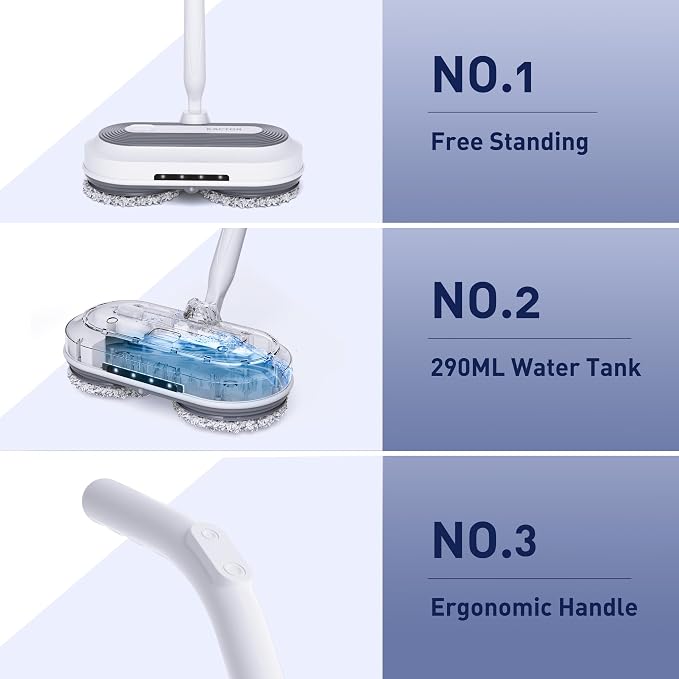 Cordless Electric Spin Mop with Spray and LED Headlight | Self-propelled dual-spin cleaning, 30-50 min runtime, 290 ml spray tank and 6 washable pads for sealed hard floors