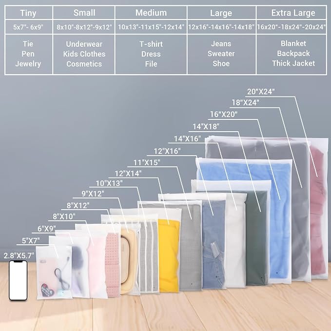 Clothes Packaging Bags for Shipping, 200 Count 10x13 inch Frosted Zipper Plastic Bags for Clothing, Clear Plastic Apparel Bag for Packaging T-Shirt, Shirt, Document, 3 Mil, with Vent Holes