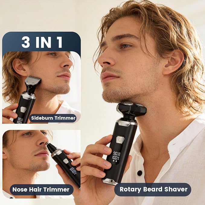 Electric Razor for Men: Wet/Dry Electric Shavers for Men - Upgraded Curved Shaving Foil, Low Noise High-Torque Motor, 3-in-1 Cordless Shaver for Beard/Nose/Sideburns