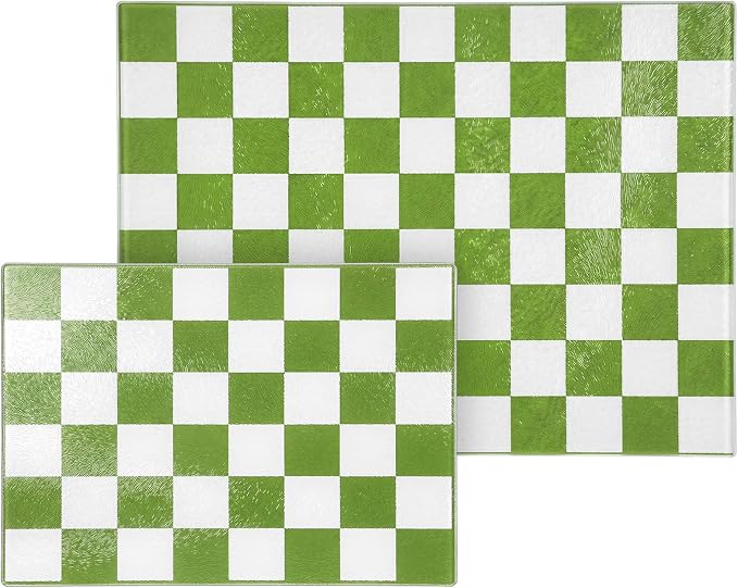 Thenshop Set of 2 Tempered Glass Cutting Boards Green Check Countertop Cutting Boards Heat Resistant with Non-slip Feet for Kitchen Counter Housewarming Wedding Gift 7.9x11inch+11x15 Inch