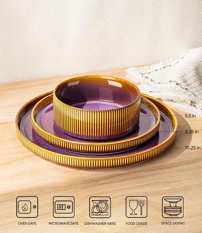 TheTerra Ceramic Dinnerware Sets for 4, 12 Pieces Porcelain Lightweight Plates and Bowls Sets, Scratch Resistant Dish Set, Oven & Microwave & Dishwasher Safe, Amber Amethyst