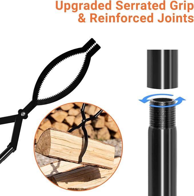 42 Inch Detachable Firewood Tongs with Carry Bag, Heavy Duty Log Grabber | High Strength Carbon Steel, Long Fire Tongs for Fireplace, Fire Pit, Campfire, Wood Burning Stove - Indoor Outdoor Use