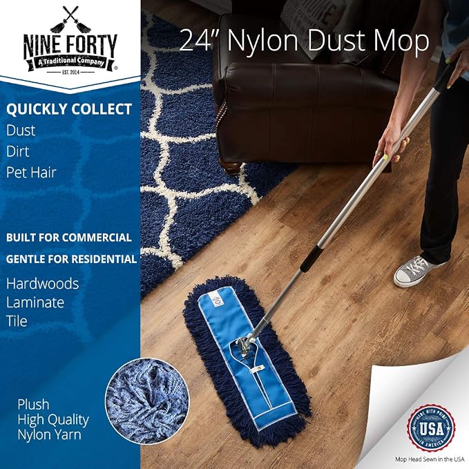 Nine Forty 24" Premium Nylon Dust Mop- Heavy Duty Mop Head for Industrial, Commercial, and Residential Cleaning - Dry Floor Duster for Hardwood Surfaces and Commercial Applications - Blue