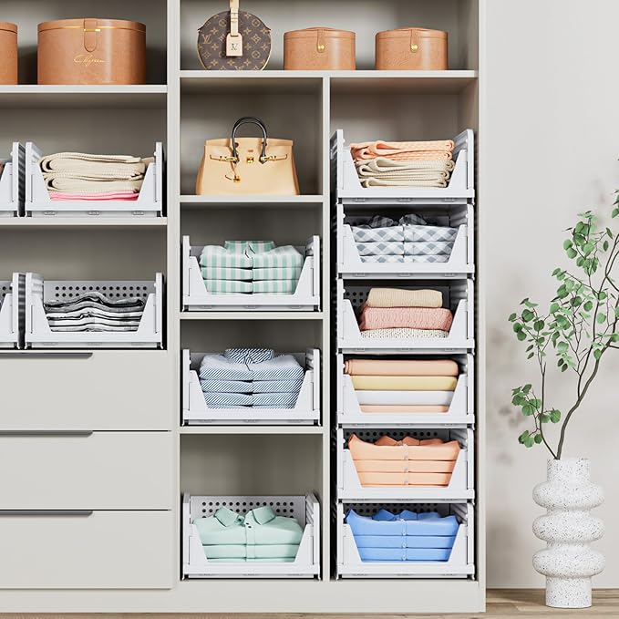 caktraie 4 Pack Stackable Closet Storage Basket - Stackable Storage Bins, Multifunctional & Foldable Closet Organizer Divided, Wardrobe Cupboard Space-Saving Clothes Storage Hat Organizer, White