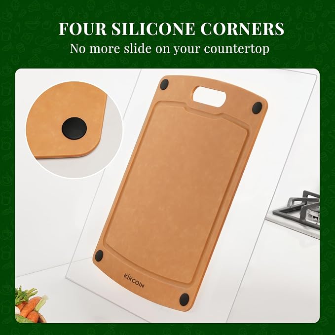 Kikcoin Wood Cutting Board, Cutting Boards for Kitchen Dishwasher Safe Non-slip Chopping Board with Juice Groove, Wood Fiber Composite Cutting Board with Handle, 17.3"*12.8"