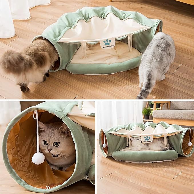 2-in-1 Cat Bed Play Tunnel with Removable Washable Mat for Pets Cats Dogs Rabbits and Pets Kittens for Home Foldable Soft Cat Tunnel Tubes Toys Pet Play Bed Indoor