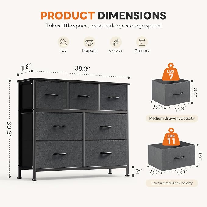 Sweetcrispy 7 Drawer Dresser with Fabric Bins Fabric Storage Tower Organizer for Bedroom Closet Hallway Entryway Tall Chest of Drawers with Steel Frame Wood Top Easy Pull Handles,Dark Gray