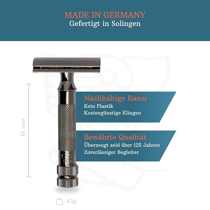 MERKUR 34 2-Piece Double-Edge Safety Razor for Men in Metallic Grey Finish with Standard Handle and Closed Comb — Made in Germany, Plastic-Free