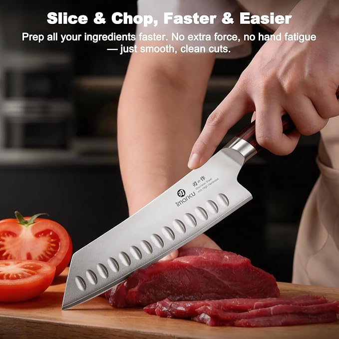 imarku Japanese Santoku Knife 7 Inch, 10Cr15CoMoV 3-Layer Stainless Steel | Ultra-sharp hollow-edge kitchen chef knife 59±2 HRC, lasting sharpness & rust resistant, ergonomic Pakkawood grip, gift-ready