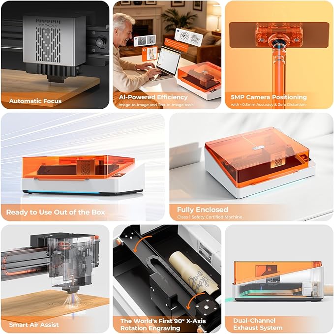 TOOCAA NOVA 10W Smart AI Laser Engraver & Cutter, Fully Enclosed Class 1 Safety, 5MP AI Positioning Camera & Auto Focus, 360° Rotary & Air Assist, Dual-Channel Exhaust for Cleaner Cuts & Less Smoke