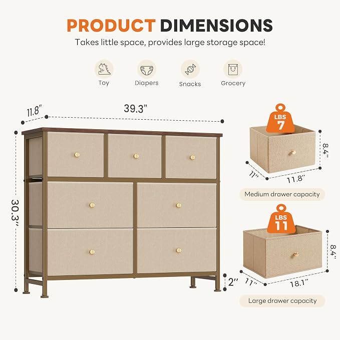 Sweetcrispy 7 Drawer Dresser with Fabric Bins, Fabric Storage Tower Organizer for Bedroom, Closet, Hallway, Entryway, Tall Chest of Drawers with Steel Frame, Wood Top, Large Storage, Khaki